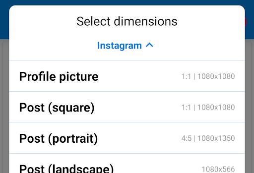 Social media settings in Photo & Picture Resizer app, for the Instagram app