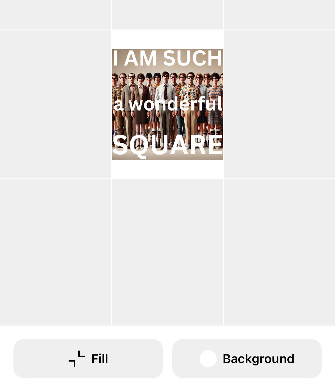 Instagram post preview showing a grid layout with the selected image centered and options Fill and Background