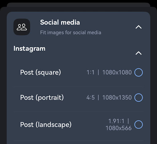 Social media settings in Photo & Picture Resizer app, for the Instagram app