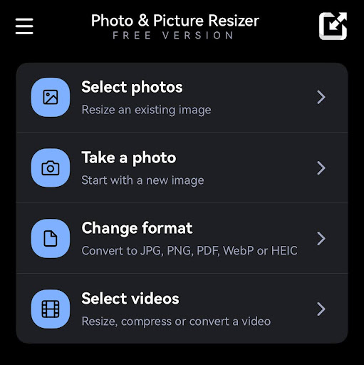 Interface of the Photo & Picture Resizer app, showing options like Select photos, Take a photo, Change format, and Select videos